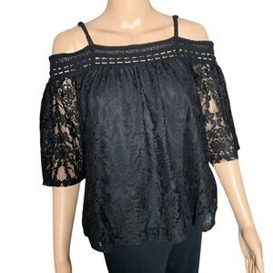 A. Byer Women's Medium Lace Blouse Lined Black Cold Shoulder Adjustable Straps